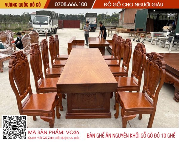 Bàn Ăn Nguyên Khối Gỗ Gõ Đỏ 10 ghế louis Hoàng Gia